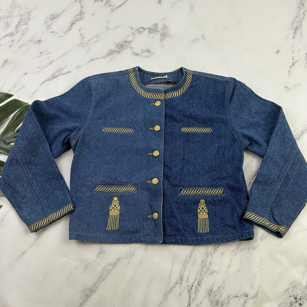 Bloomingdales Womens Vintage 90s Cropped Denim Jacket Size 8 Gold Embroidered